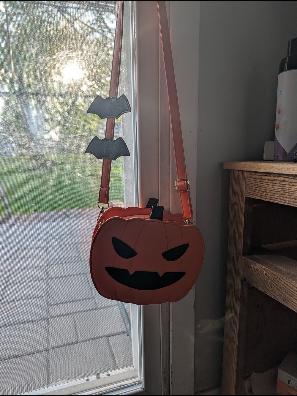 Orange Pumpkin Crossbody Bag with Bat Charms